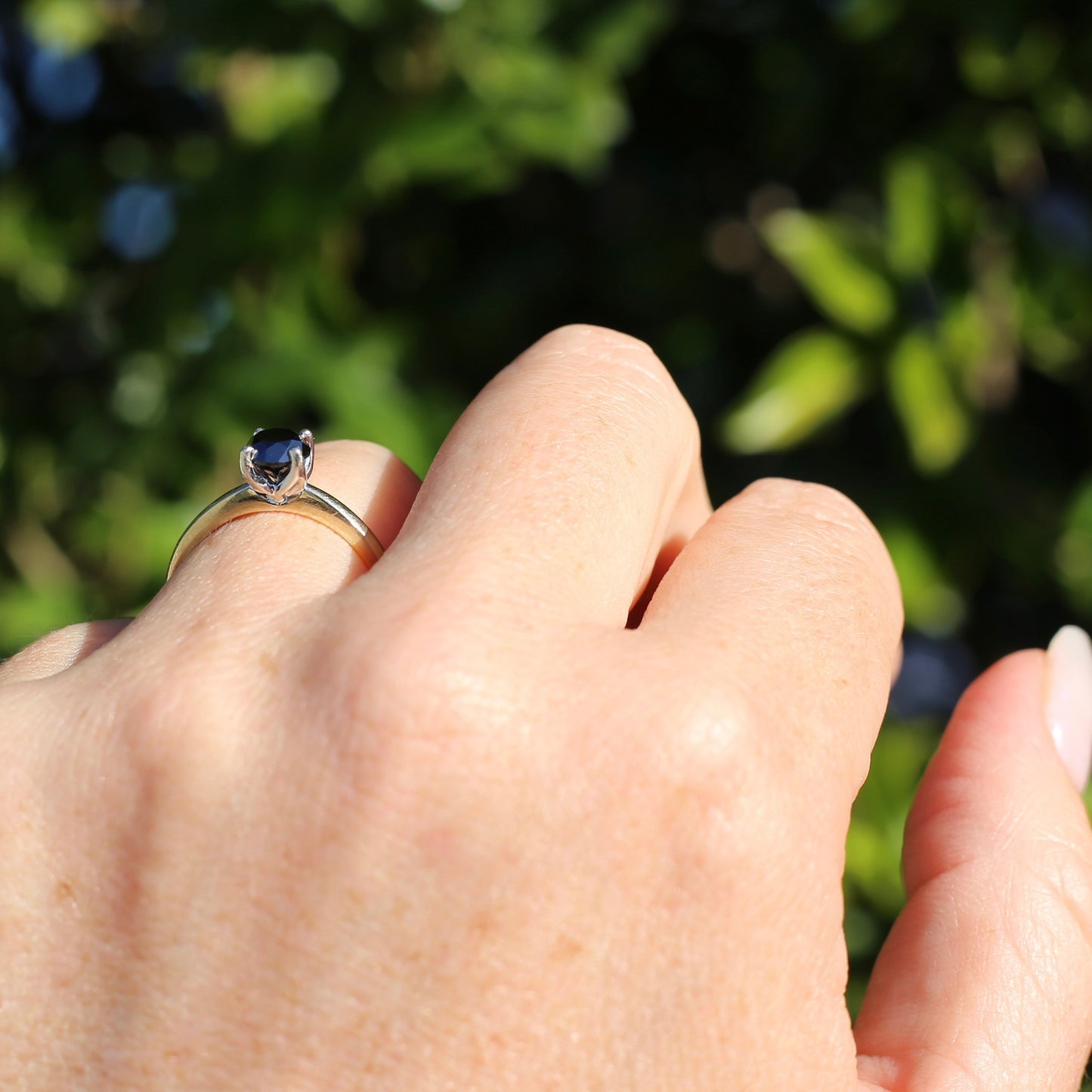 Australian Made Black Diamond Solitaire, 4 Claw White Gold, 9ct Yellow Gold Chunky Shank, size O or 7.25