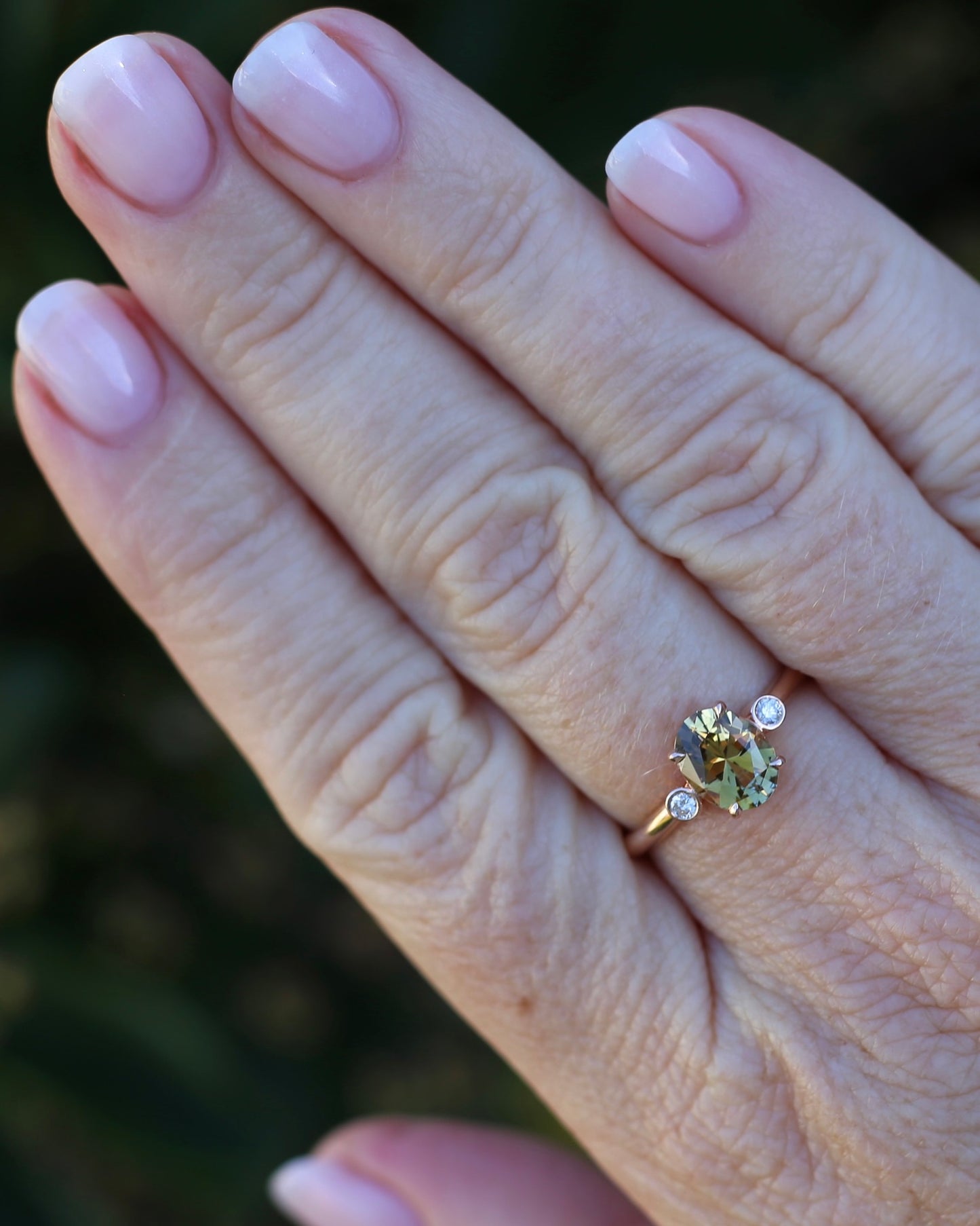 1.57ct Natural Golden Tanzanite Zoisite and Diamond Trilogy Ring, 14ct Rose Gold, size 8.75 or just over R, 3.3g, with valuation