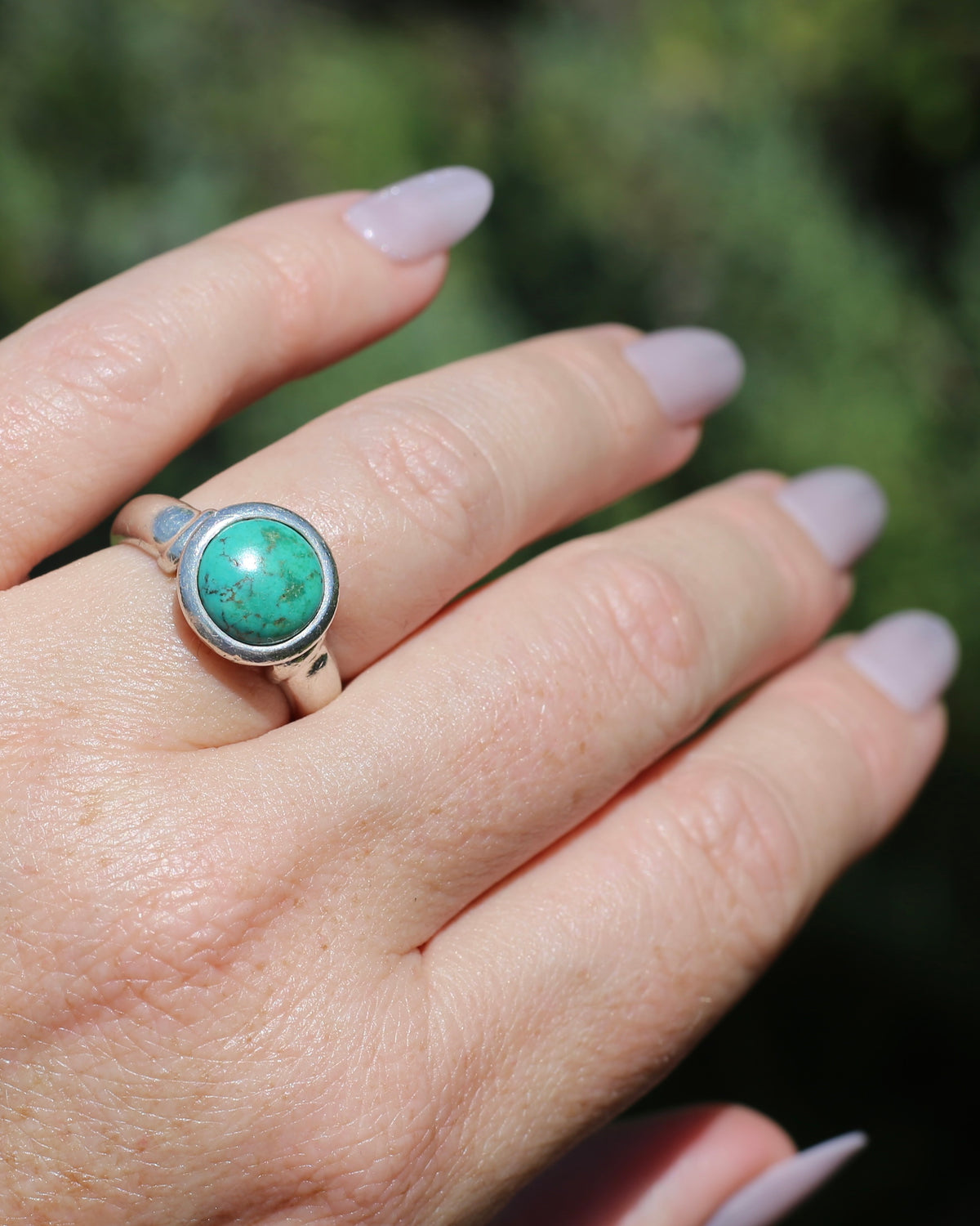Natural Turquoise Cabochon Bezel Set Ring, Sterling Silver, size Q or just over 8, 7.3g