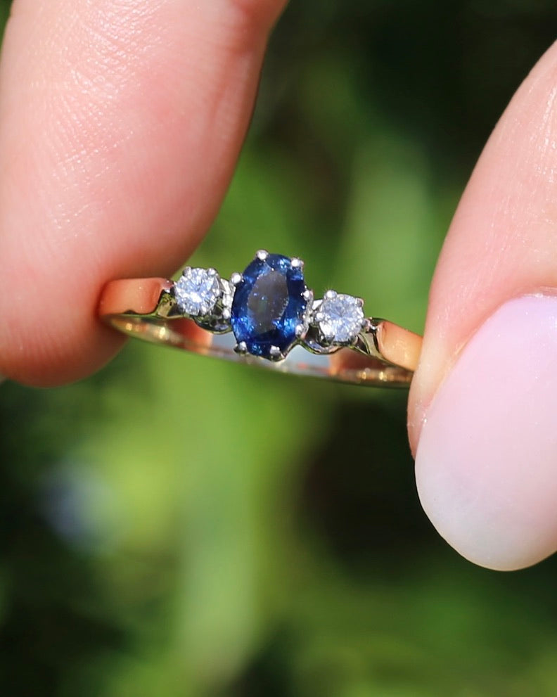 Sapphire and Diamond Trilogy, 9ct Yellow Gold and Palladium, size P or 7.75, 2.32g