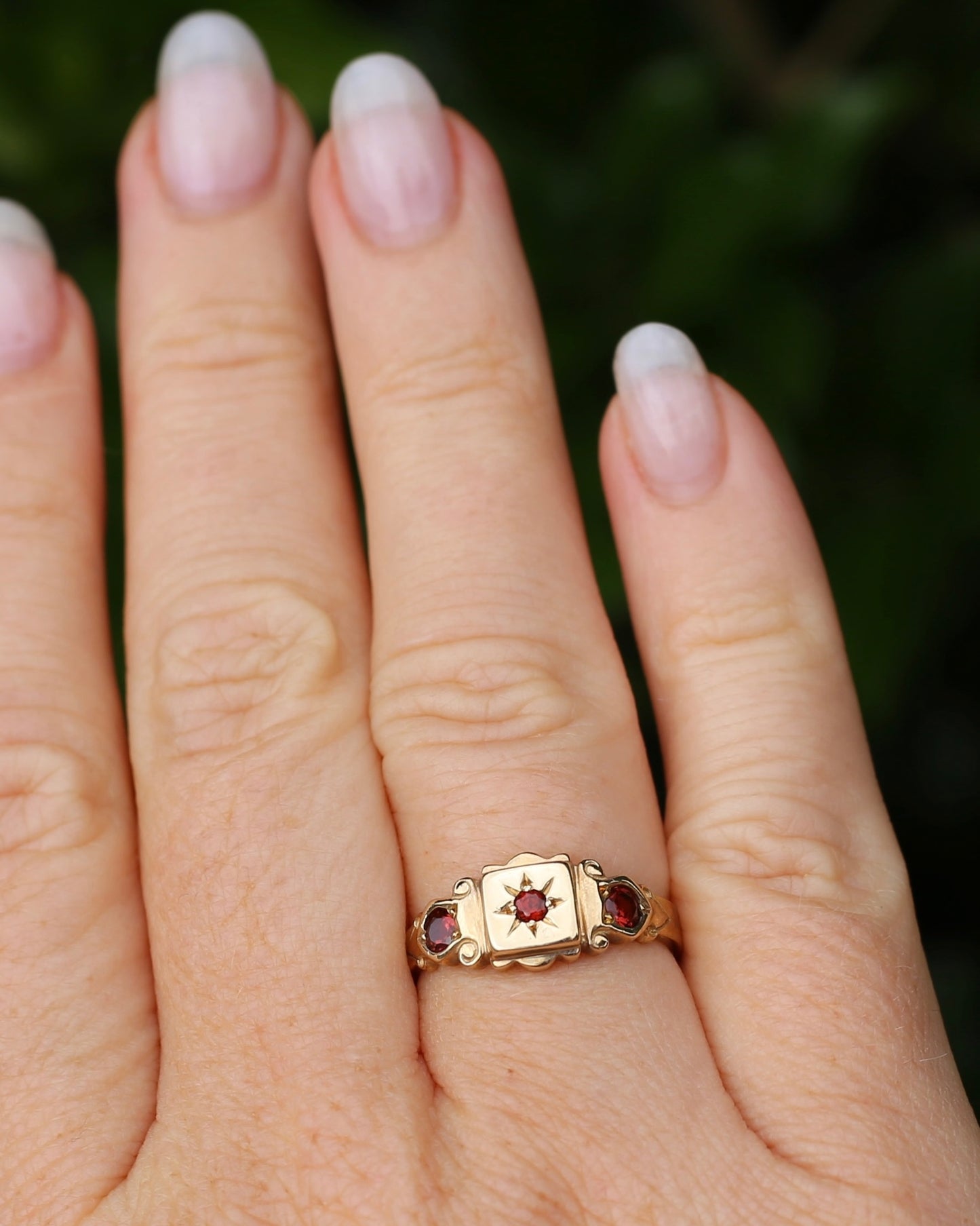 Victorian Revival Garnet Trilogy Star Set Ring, 9ct Yellow Gold, size O1/2 or just over 7.25