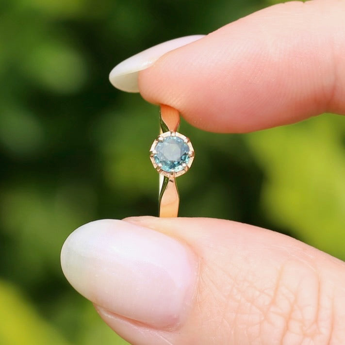 Seafoam Sapphire Solitaire in 8 Claw Setting, 9ct Yellow Gold, size L or just under 5.5