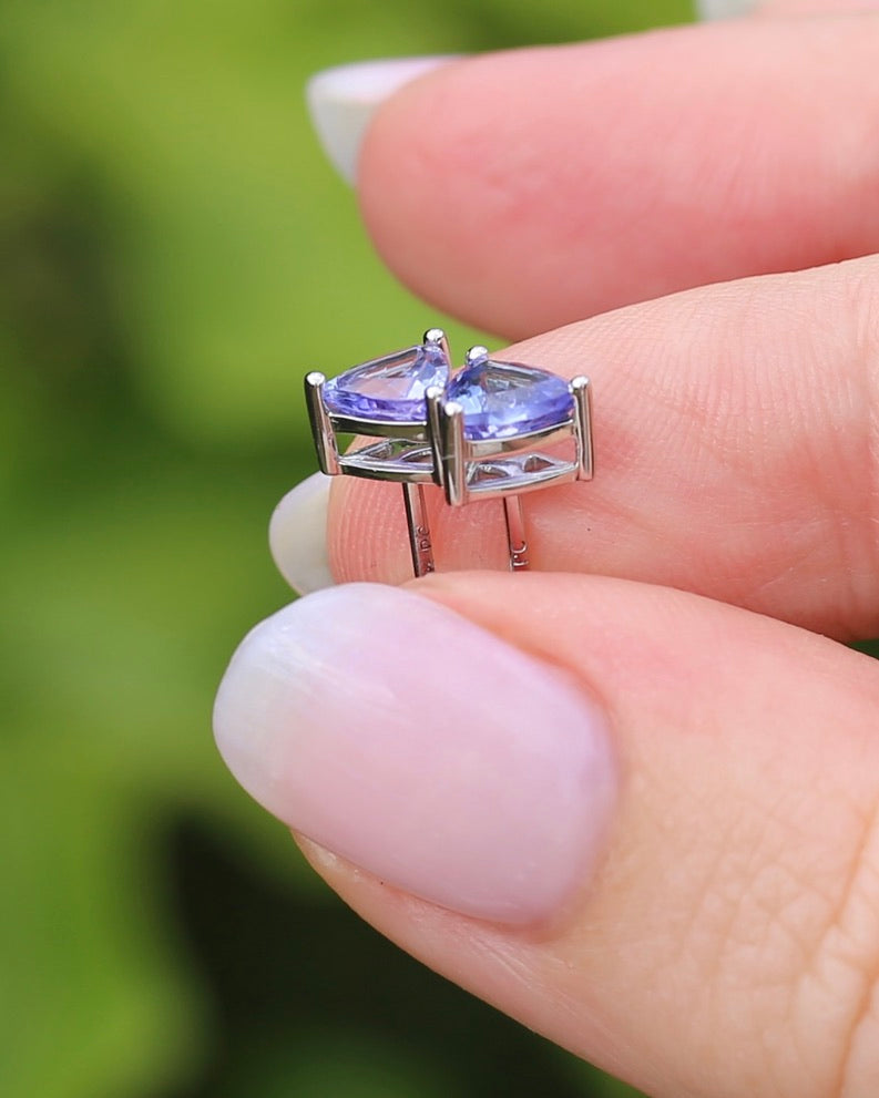 Trillion Cut Tanzanite Earrings, 14ct White Gold, 1.32g