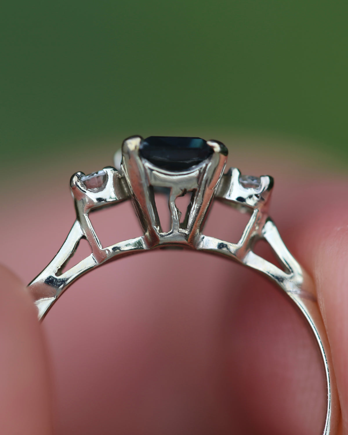 1.1ct Emerald Cut Natural Blue Teal Sapphire and Diamond Trilogy, 18ct White Gold and Platinum, size O or just over 7, 2.27g