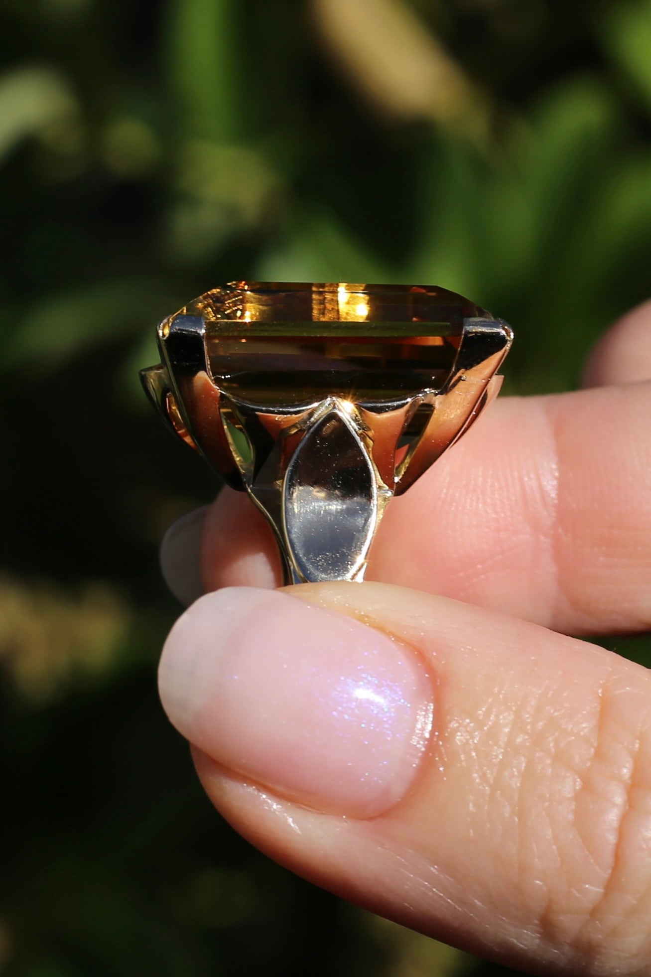 35ct Rectangular Step Cut Vivid Citrine in Chunky Vintage 9ct Yellow Gold Ring, size N1/2 or 7, 15.12g