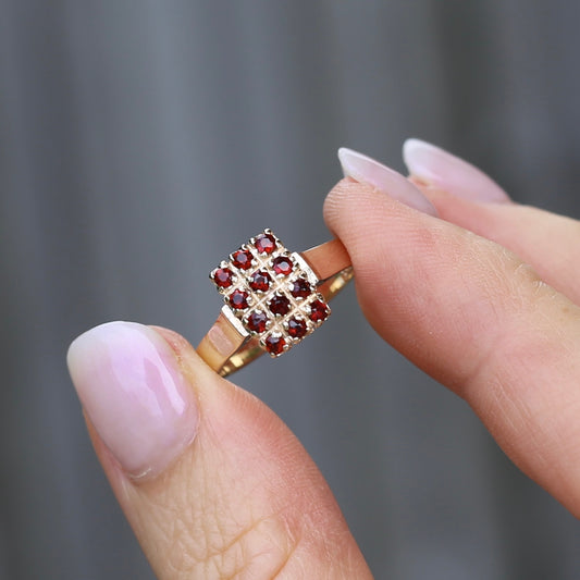 Old Cut 12 Stone Garnet Checkerboard Ring, size P or 7.75