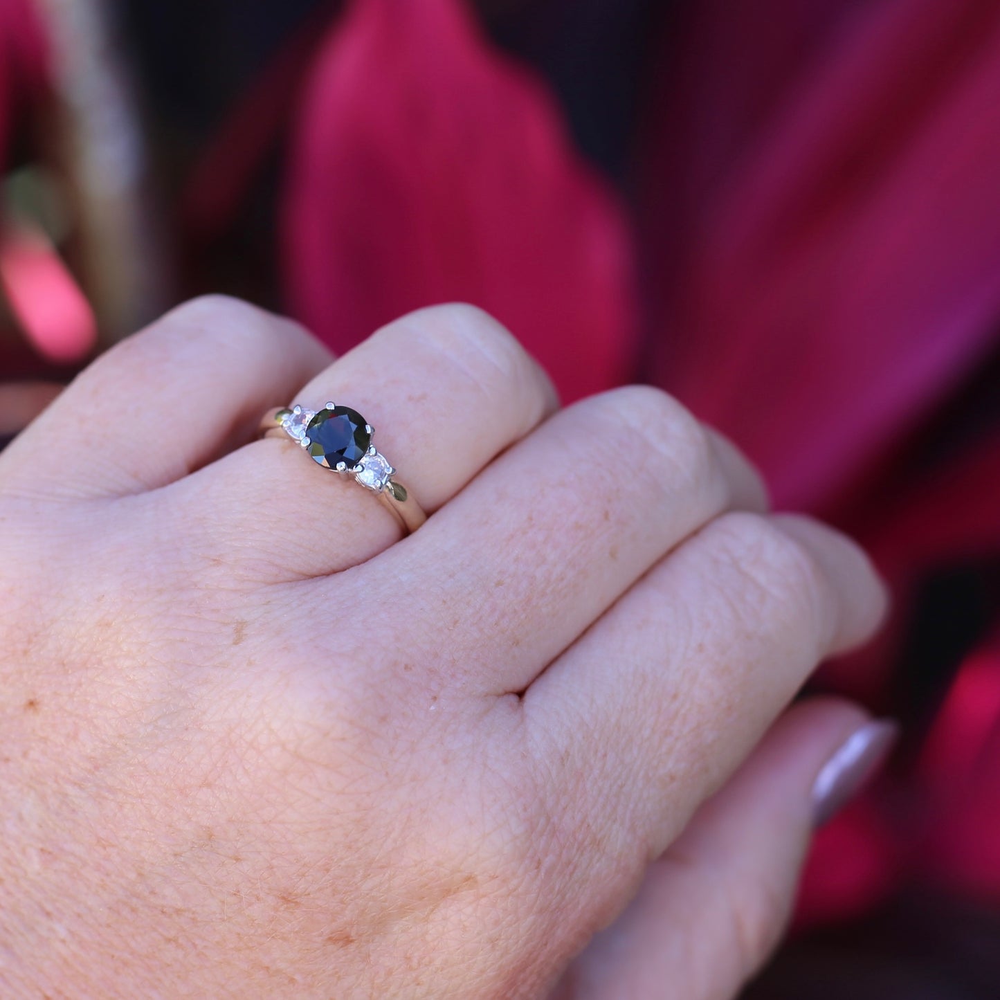 1.5ct Natural Green Sapphire and White Zircon Trilogy Ring, 9ct Gold, size N1/2 or just under 7