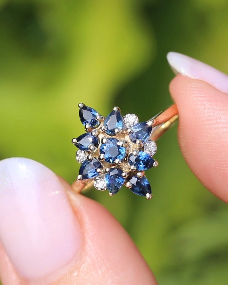 Vintage Blue Sapphire and Diamond Cluster Ring, 9ct Yellow Gold, size N or 6.75, 2.34g