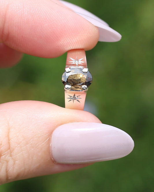 1.4ct Natural Brown Zircon in Vintage 1970s Style Silver Ring with Star-Set White Side Stones, size M or just under 6.25, 2.61g