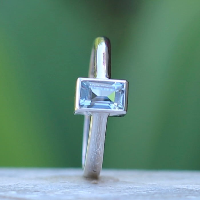 Bezel Set Emerald  Cut Aquamarine, 9ct White Gold, size M or 6.25