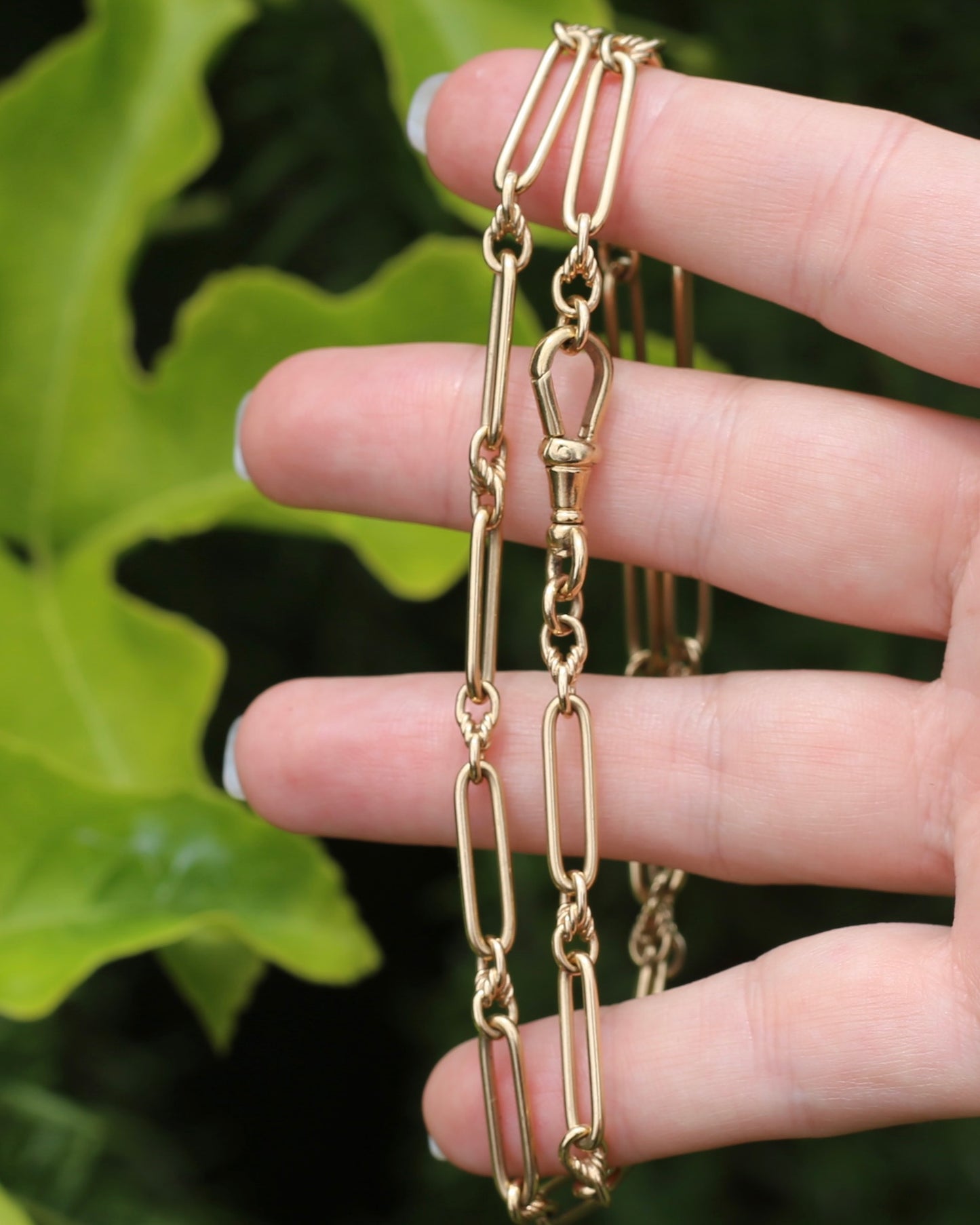 Vintique Trombone and Love Link Chain Single Albert Clasp, 9ct Gold, 51cm or 20 inches, 22.5g