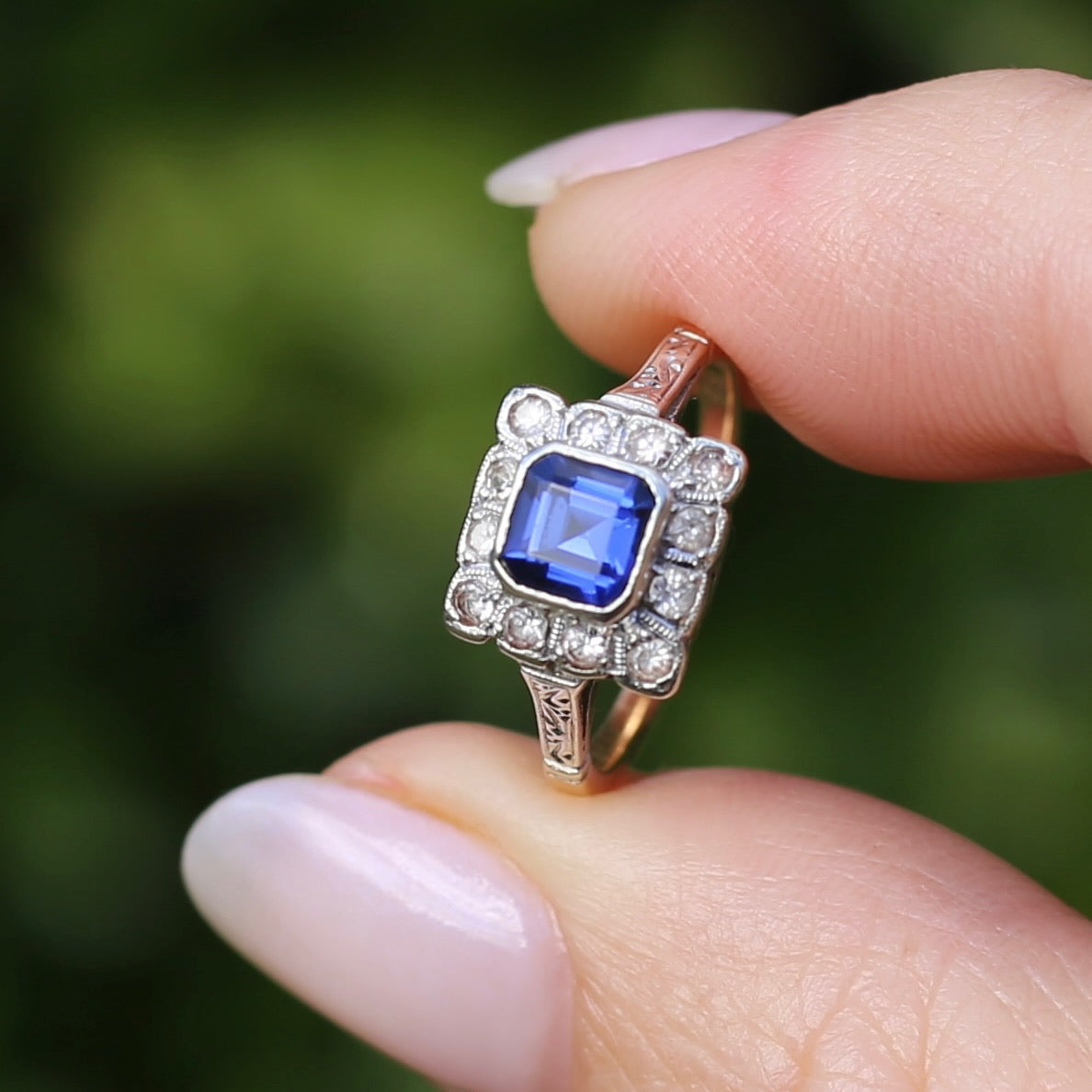 1930s Mixed Metal, Sapphire and White Spinel Halo Ring, 9ct Yellow and White Gold, size J1/2 or 5