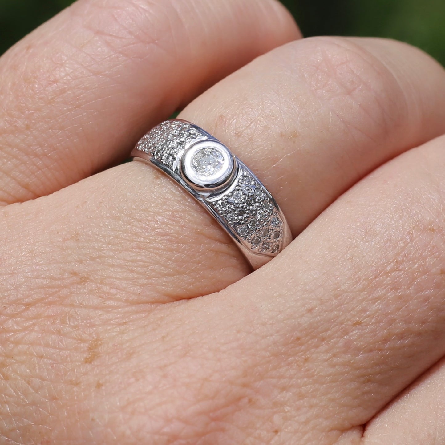 Bezel Set Old European Cut Diamond, in Pavé Setting of Diamonds, Chunky Platinum, size Q or 8 (fits more like an O1/2 - P), with valuation