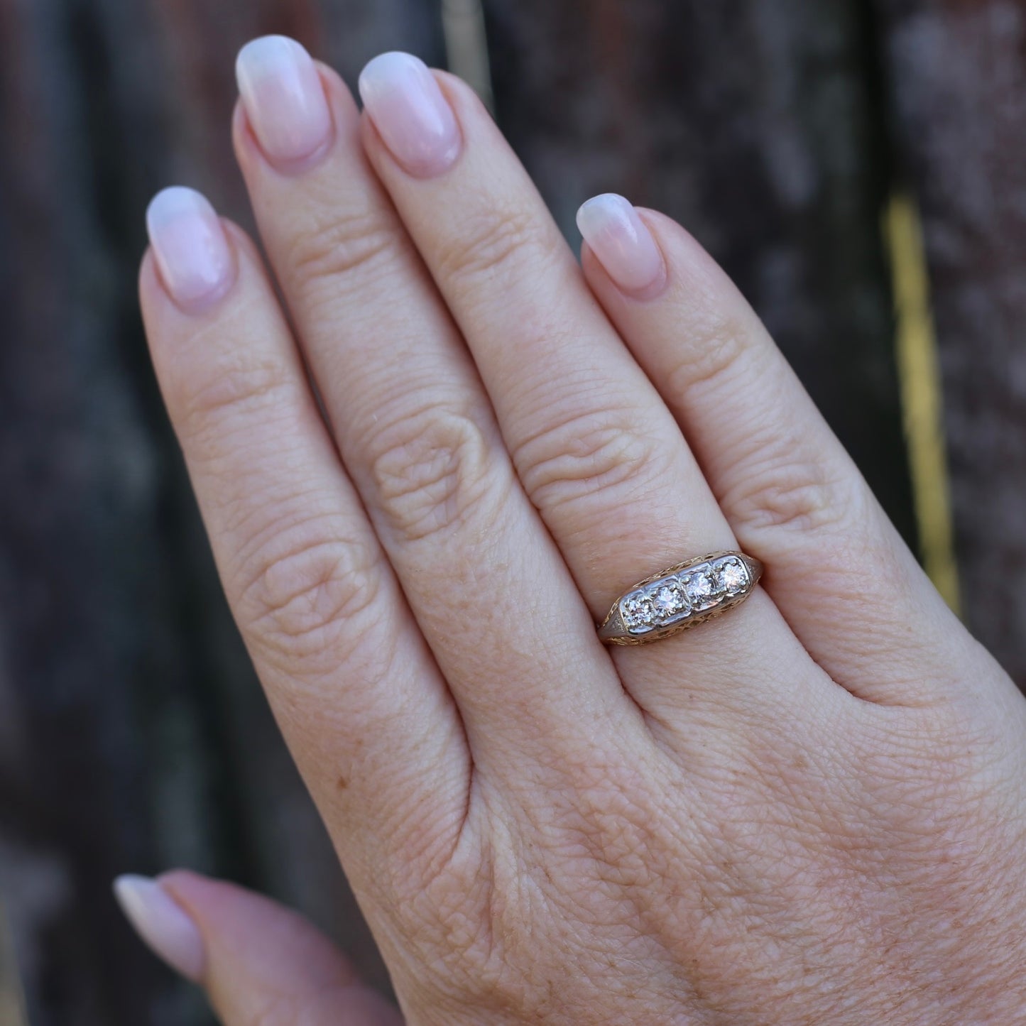 Circa 1915 4 Stone Transitional Cut Diamond Mixed Metal Ring, 18ct Yellow & White Gold, size N1/2 or 7, with valuation