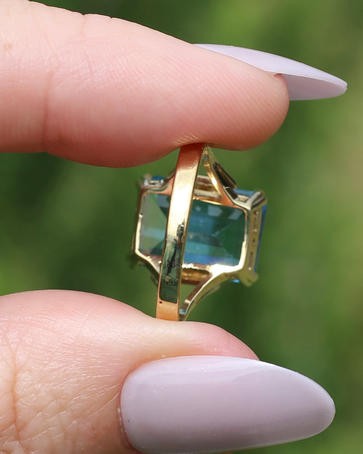Emerald Cut Blue Topaz Cocktail Ring, 9ct Yellow Gold, size 7.75 or just over P, 4.85g