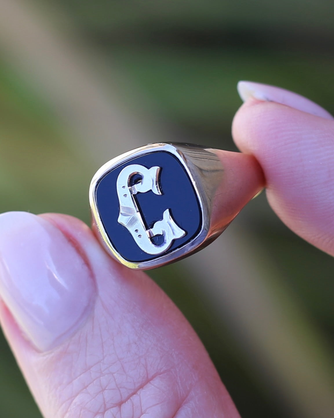 Vintage "C" Onyx Signet Ring, Bezel Set, Older Rosey Gold, size 9.5 or T