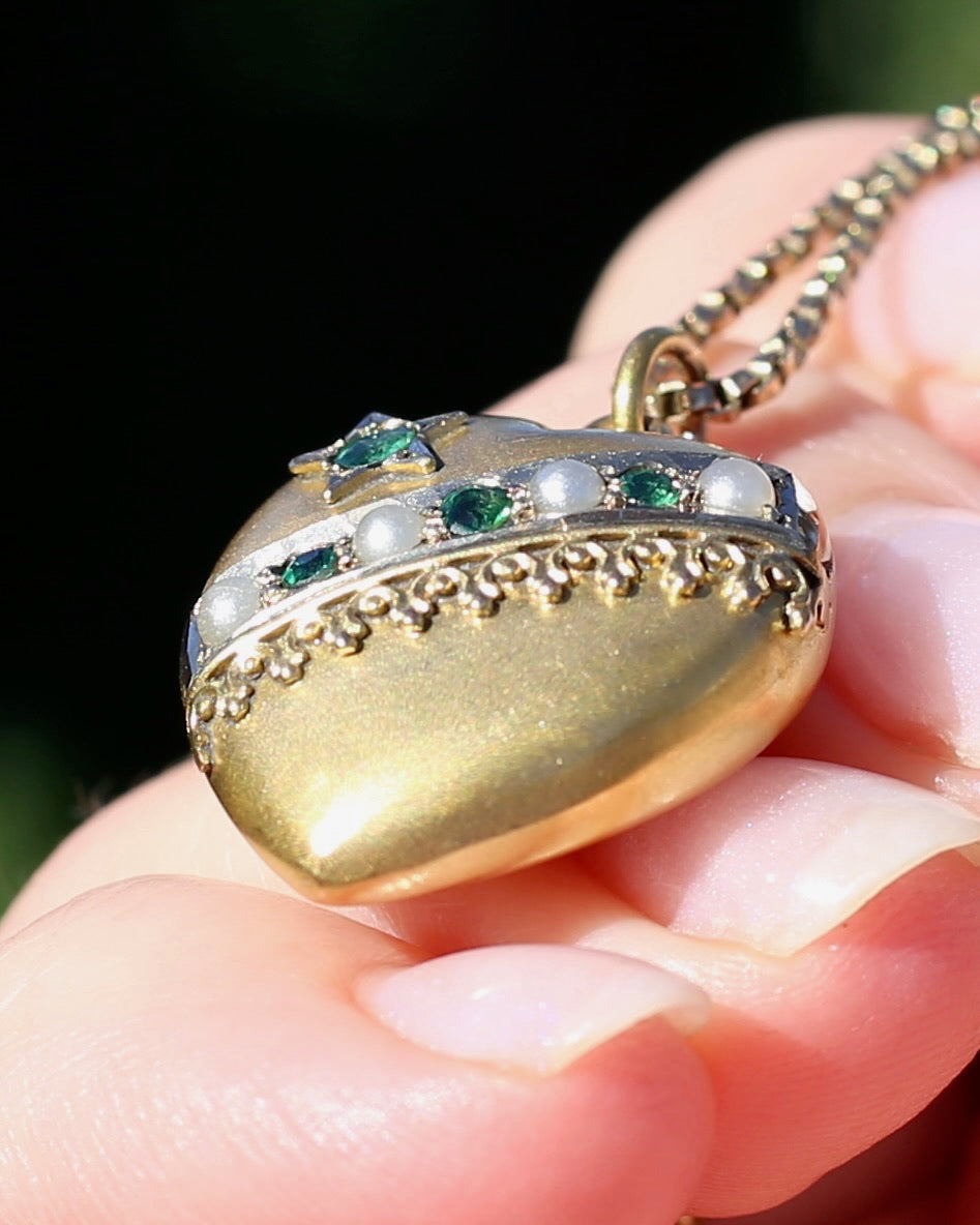 Early Australian Aronson & Co Puffy Heart set Pendant with Pearl and Green Gems, 9ct Yellow Gold, 2.59g