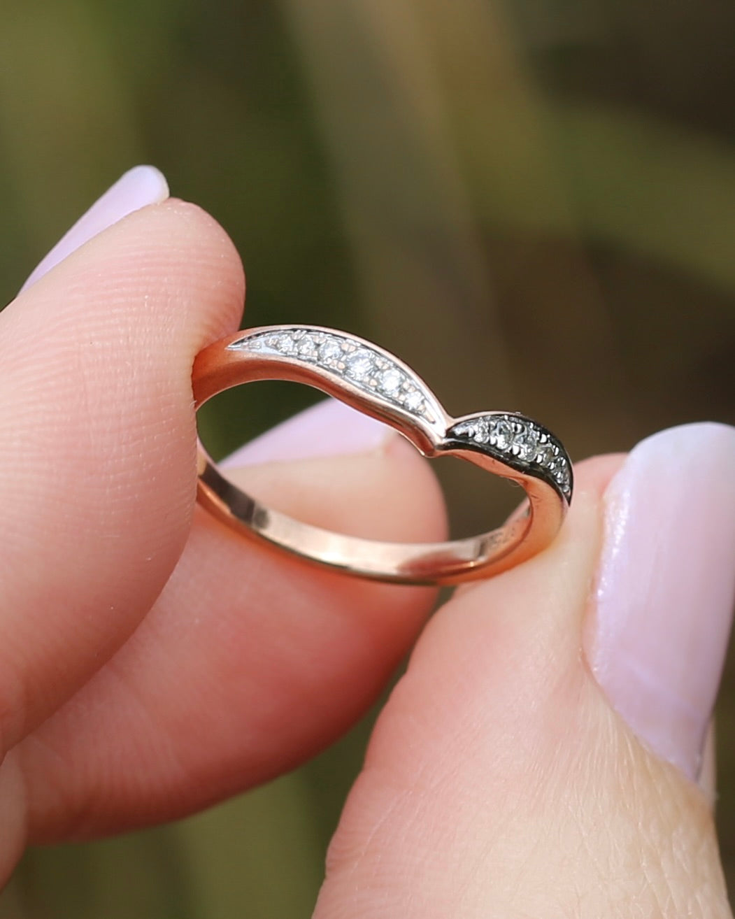 Bead Set Natural Diamond Wishbone Ring, 9ct Rose Gold, size J or 4.75, 1.7g