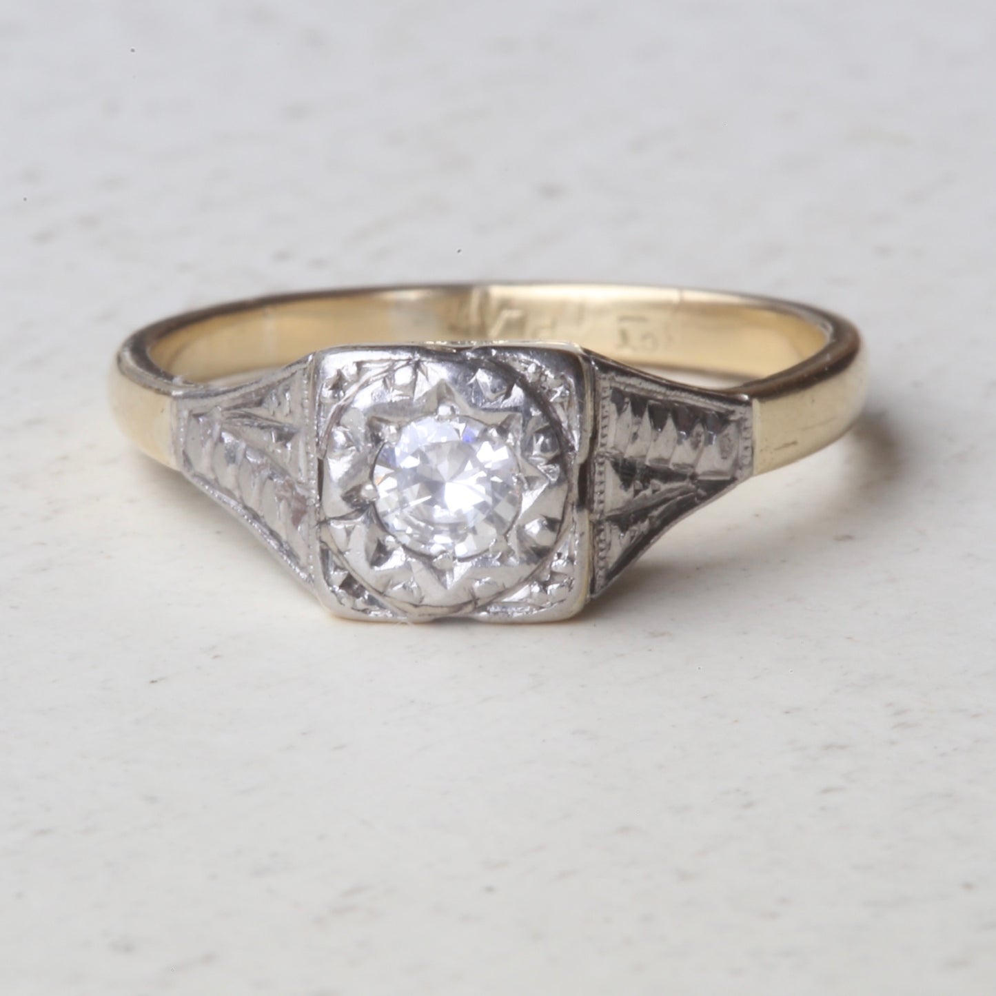 1930s Art Deco Inspired Platinum and 18ct Gold Solitaire Ring, size N or almost 6.75