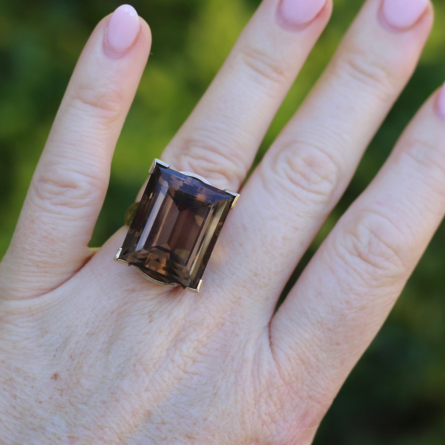 Mid Century 36ct Princess Cut Smoky Quartz Cocktail Ring, 9ct Yellow Gold, size N1/2 or 6.75