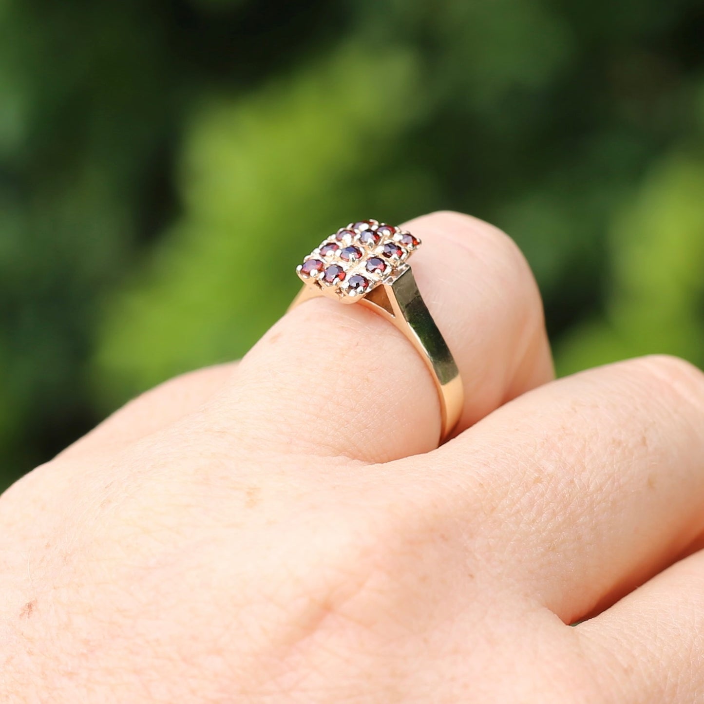 Old Cut 12 Stone Garnet Checkerboard Ring, size P or 7.75