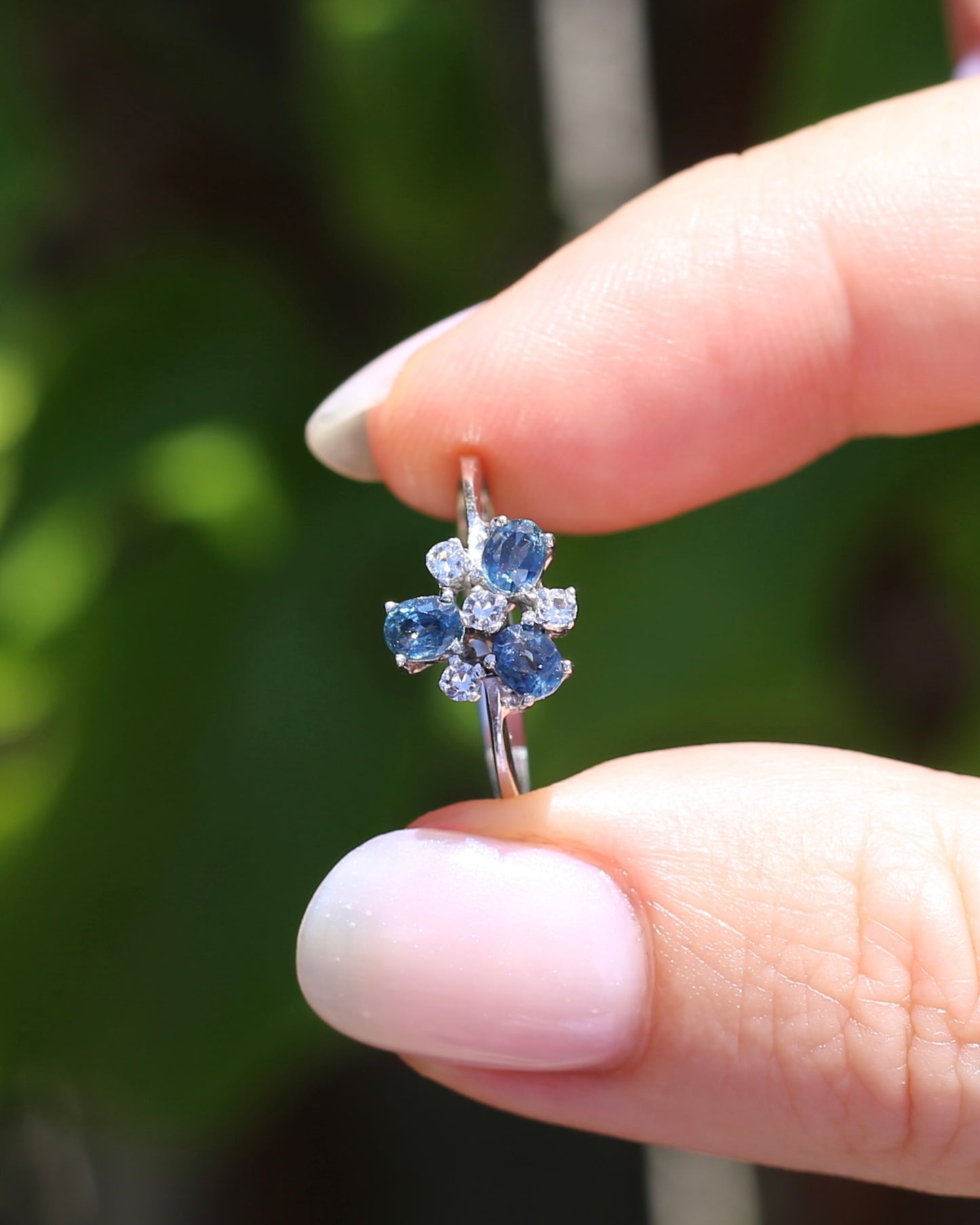 Vintage Parti Sapphire and White Quartz Cluster Ring, 9ct White Gold, size M or just over 6, 1.7g