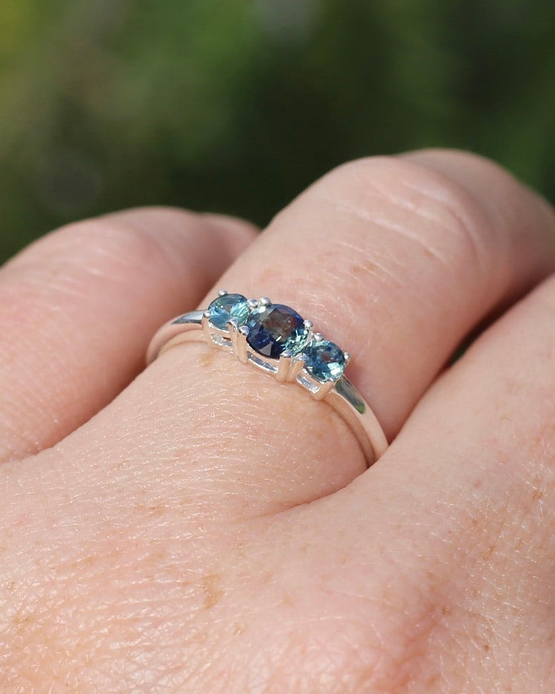 0.85ct Natural Parti Sapphire Trilogy Ring, Sterling Silver, size Q or 8.25, 1.98g