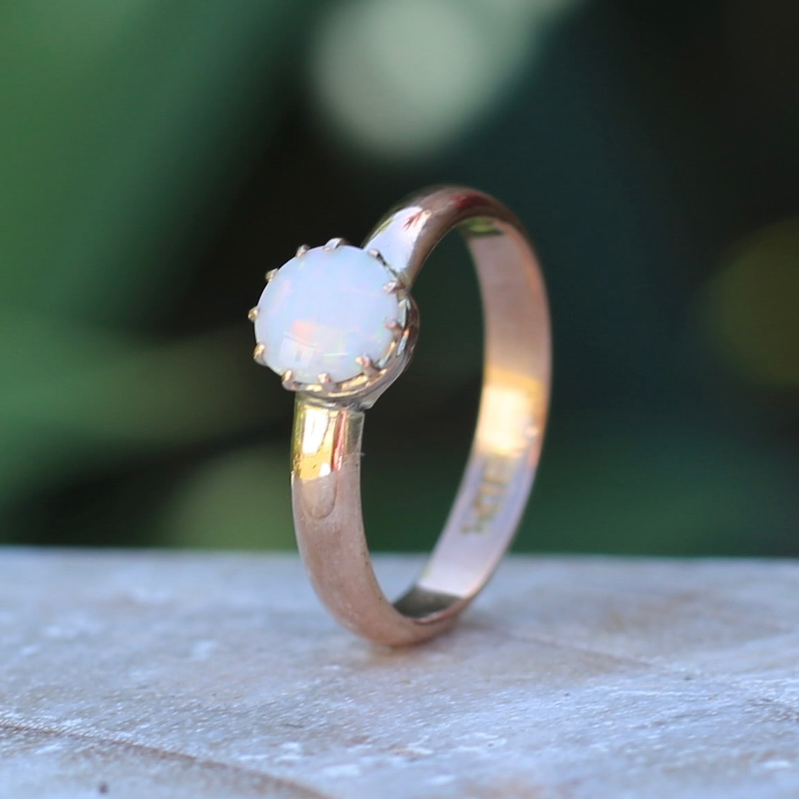 Early Australian 11 Multi Claw White Round Opal Ring, 9ct Old Rosey Gold, size 10 or U