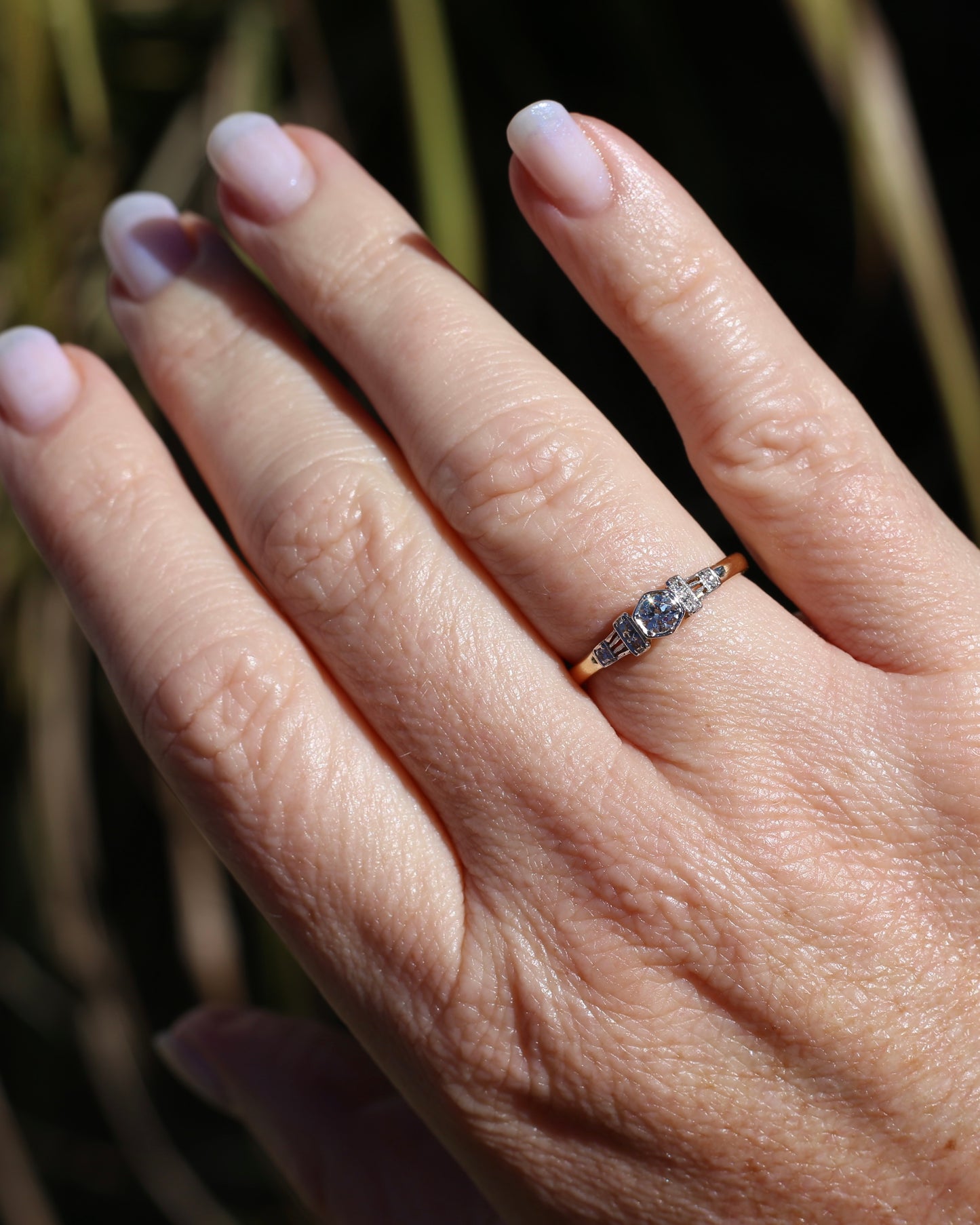 Hexagonal Grain Semi Modern Cut Diamond and Single Cut Diamond Shoulders Ring, 18ct White and Yellow Gold, size P1/2 or 8, 2.58g, with valuation