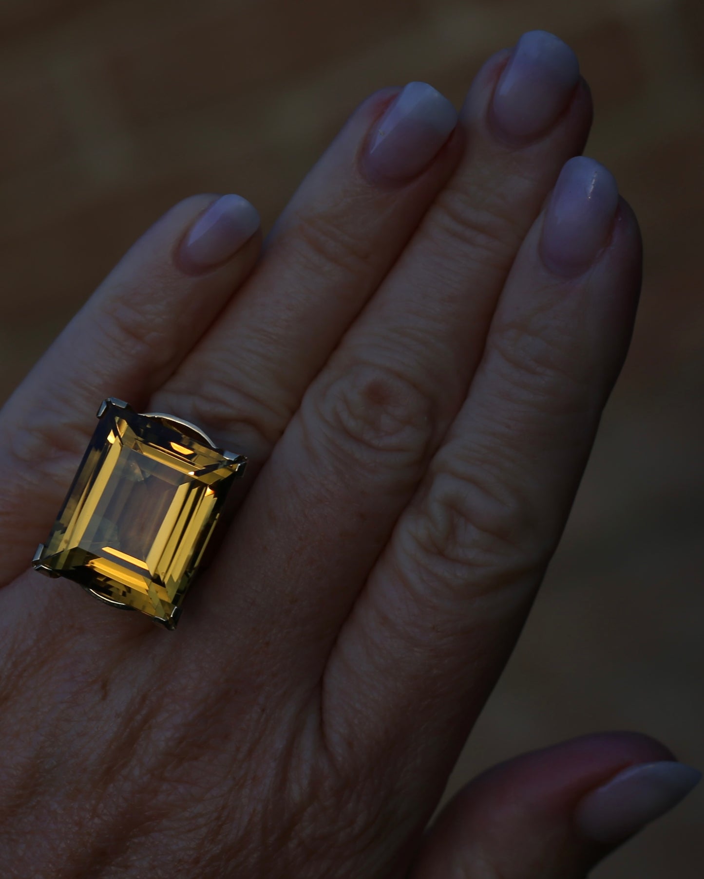 35ct Rectangular Step Cut Vivid Citrine in Chunky Vintage 9ct Yellow Gold Ring, size N1/2 or 7, 15.12g