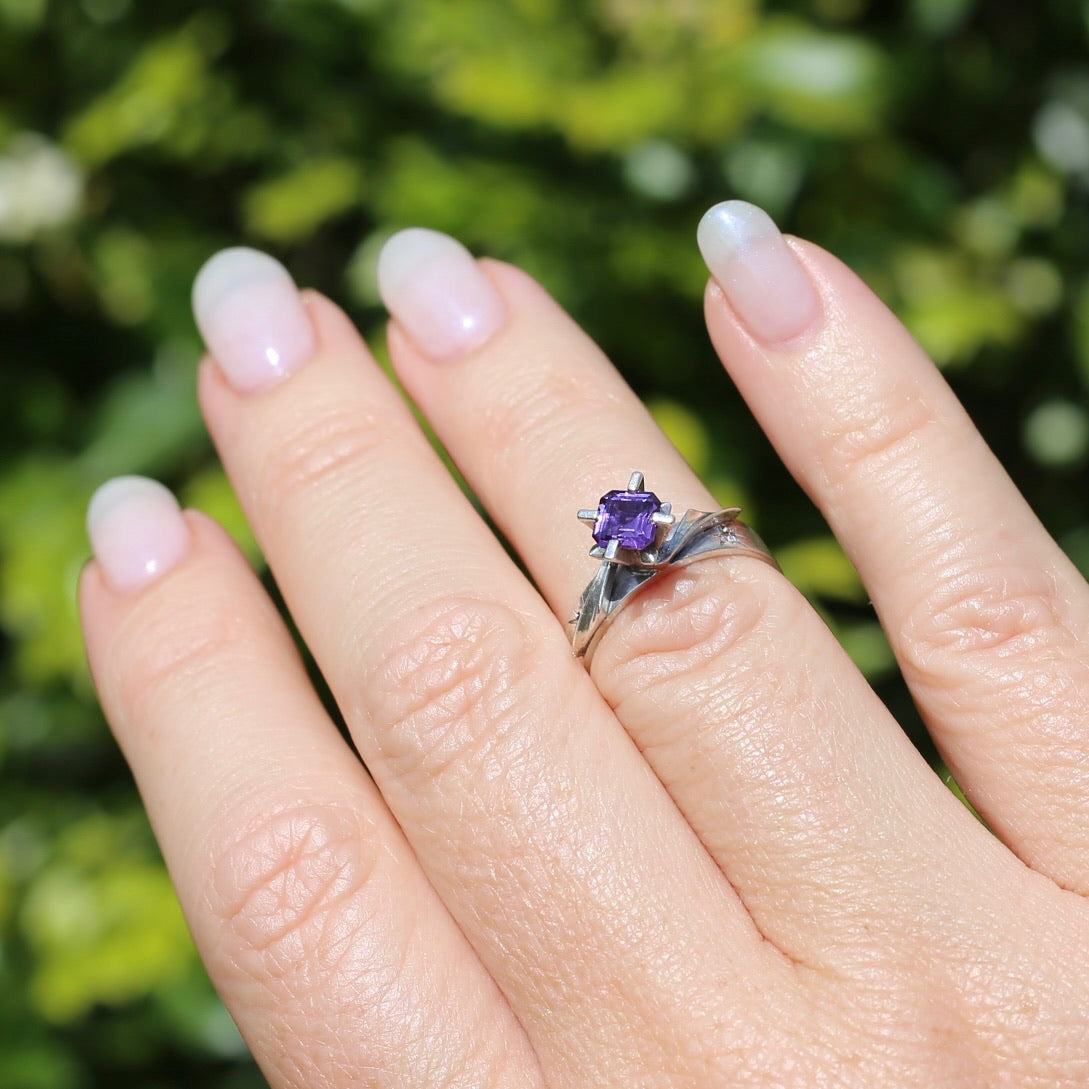 Retro 1970s Emerald Cut Purple Sapphire Ring, Sterling Silver, size M or 6