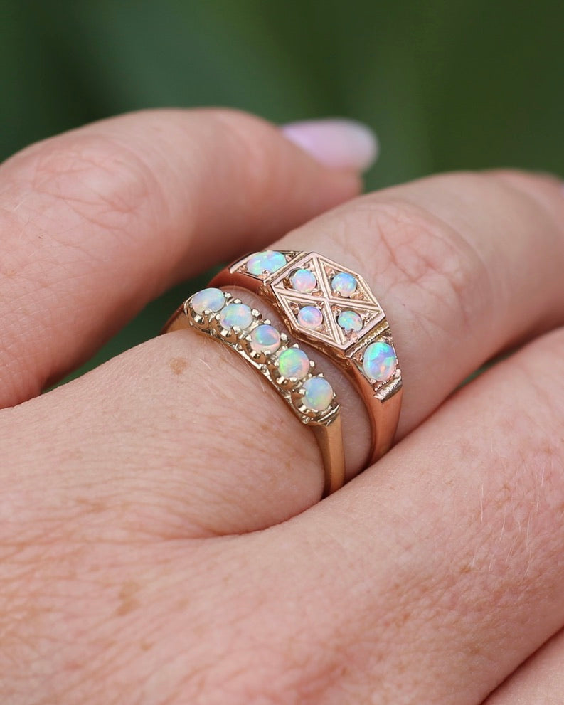 Outstanding Opals in Birmingham Made Rose Gold Shield Faced Ring, 9ct Rose Gold, size Q or 8.25, 2.57g