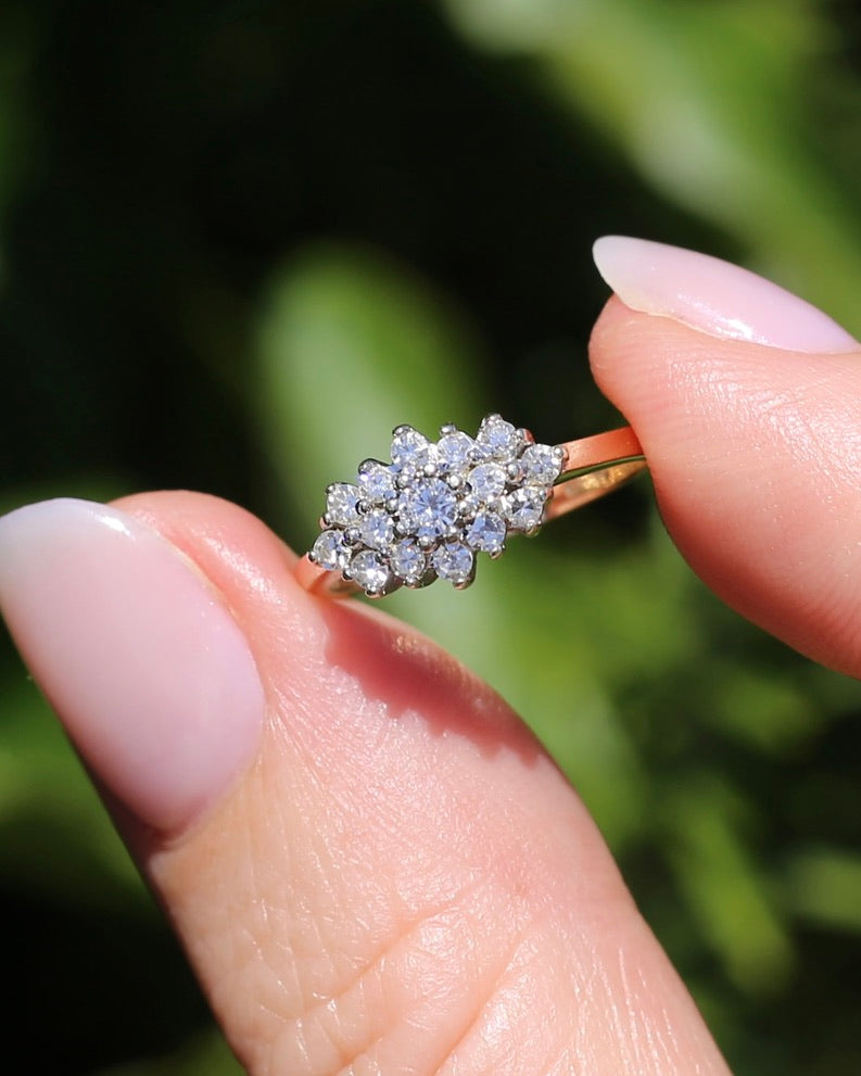 1991 London Made Diamond Cluster Ring, 9ct Yellow and White Gold, size J or 4.75, 2.2g