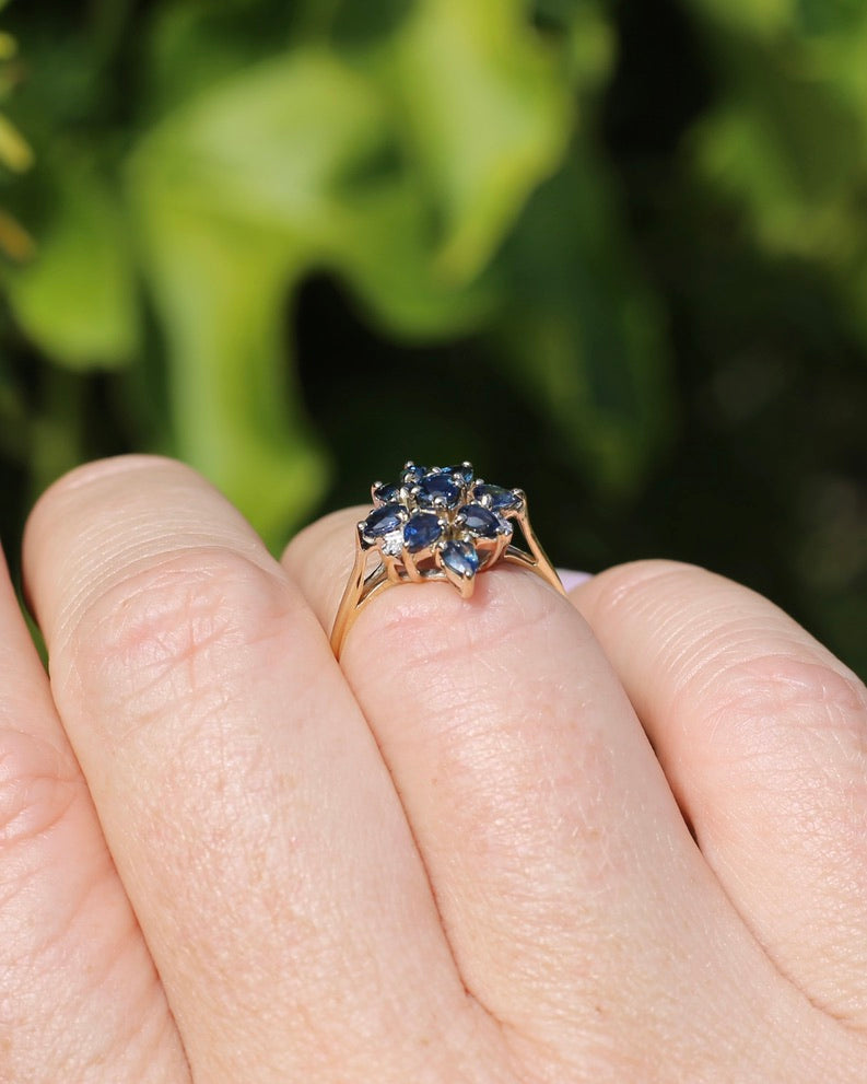 Vintage Blue Sapphire and Diamond Cluster Ring, 9ct Yellow Gold, size N or 6.75, 2.34g