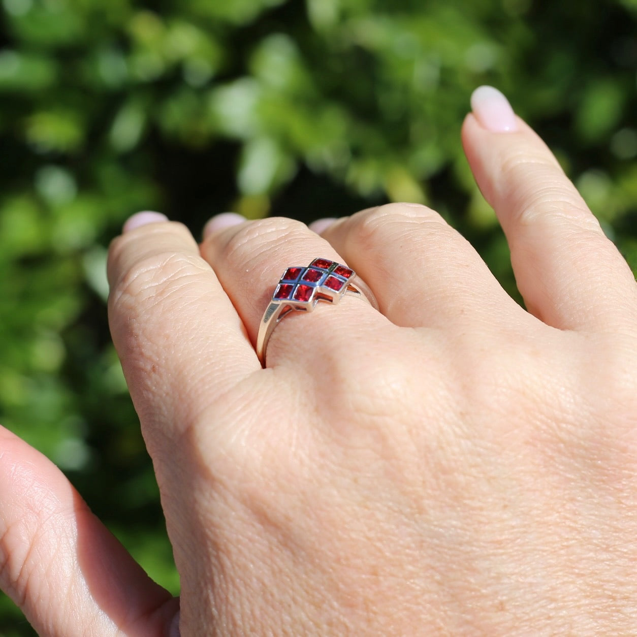 Modern Princess Cut Checkerboard Ruby Ring, 9ct White Gold, size Q or 8.25