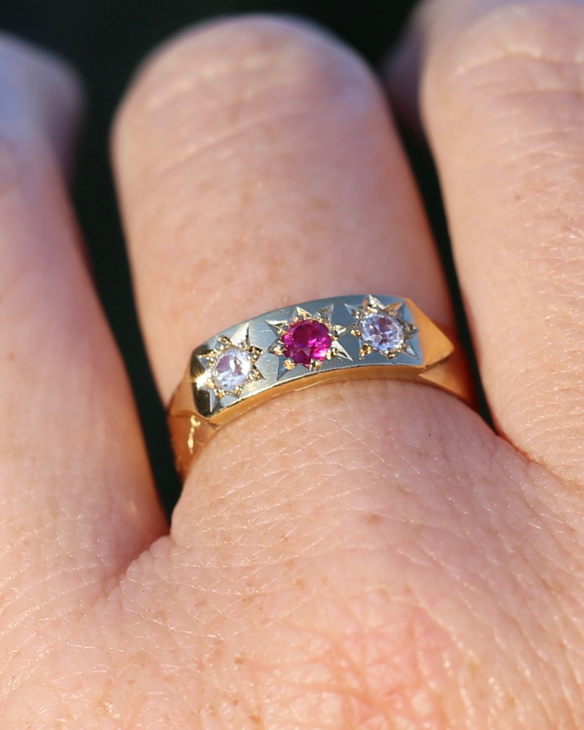 1873 15ct Band with 18ct Trilogy Old Cut Star Set Addition, 15 & 18ct Gold, size R1/2 or 8.75 (fits slightly smaller)