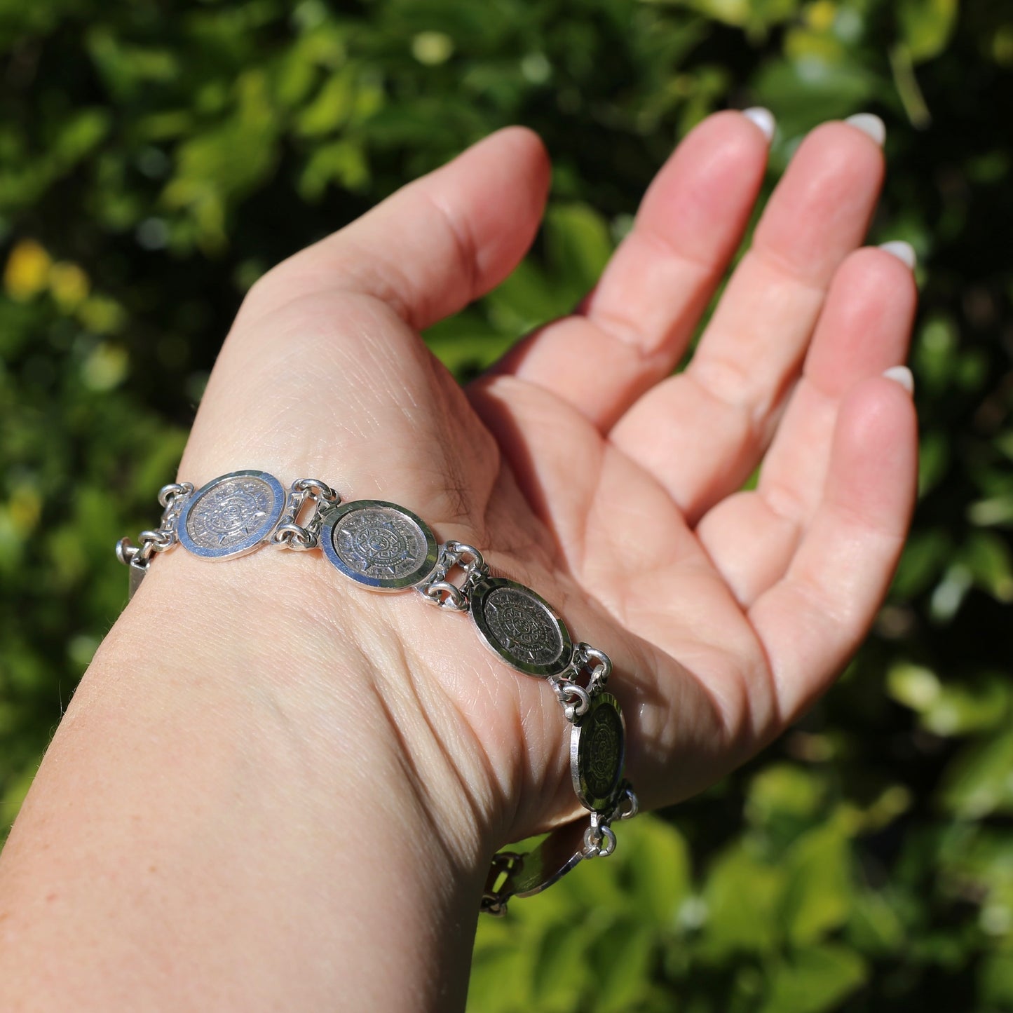 Vintage 1980s Maya Calendar Coin Bracelet, made in Mexico 950 Silver, 20cm or just under 8 inches