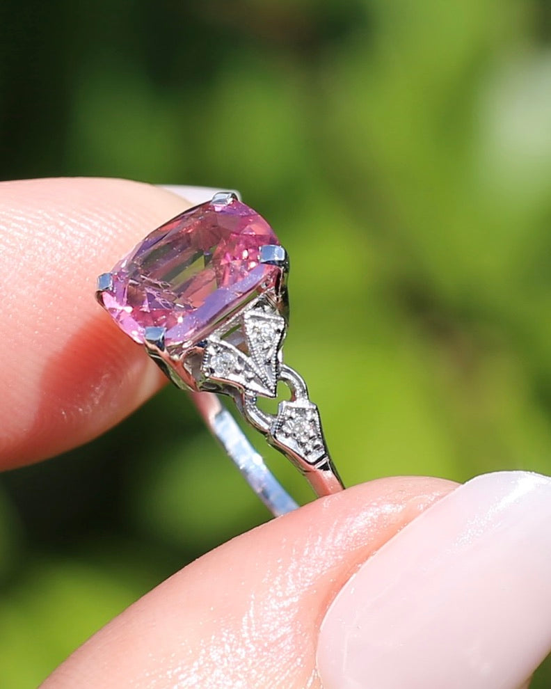 Pale Pink Tourmaline and Old Cut Diamond Shoulder Ring, 18ct White Gold and Platinum, size N or 6.75, 2.63g