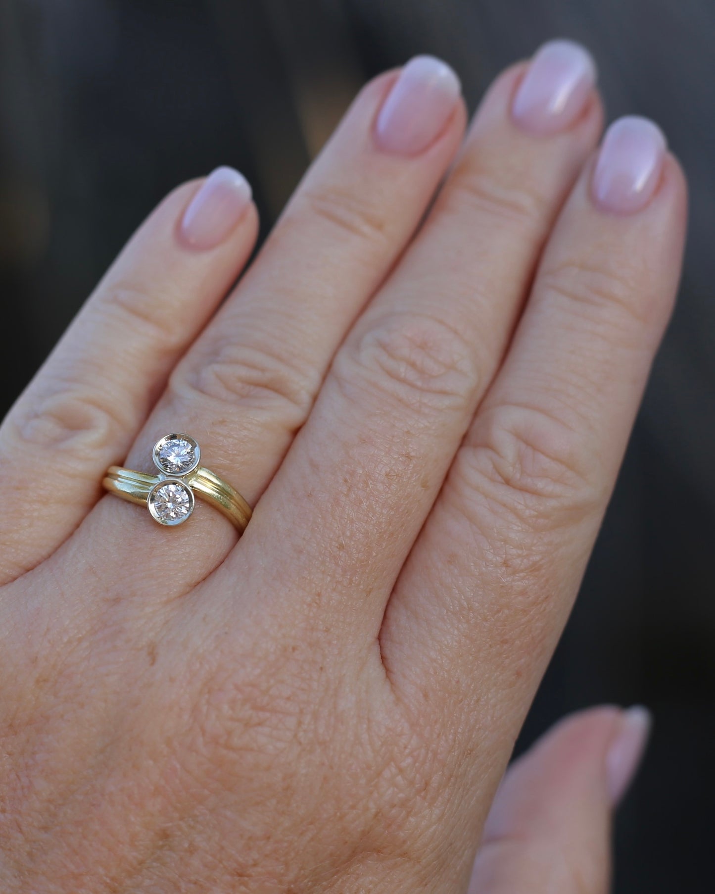 Vintage Toi Et Moi Two Stone Natural Diamond Ring, 18ct Yellow and White Gold Ring, size P1/2 or just over 7.75, 4.42g, with valuation