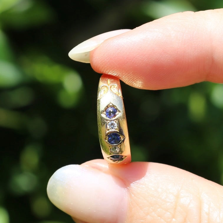 1897 Old Cut Sapphire and Diamond Five Stone Ring, 18ct Yellow Gold, size O or 7.25