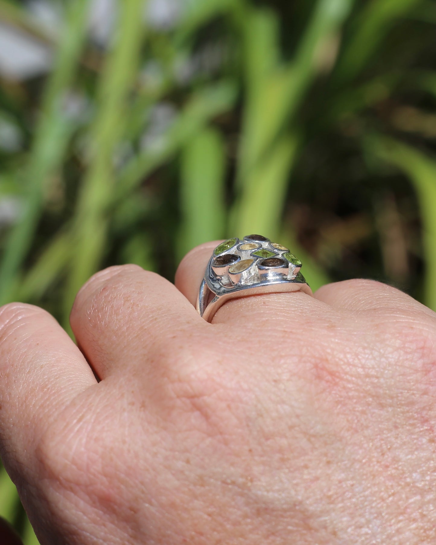 Peridot, Citrine and Smokey Quartz Bezel Set Ring, Sterling Silver, size P or 7.5, 8.27g