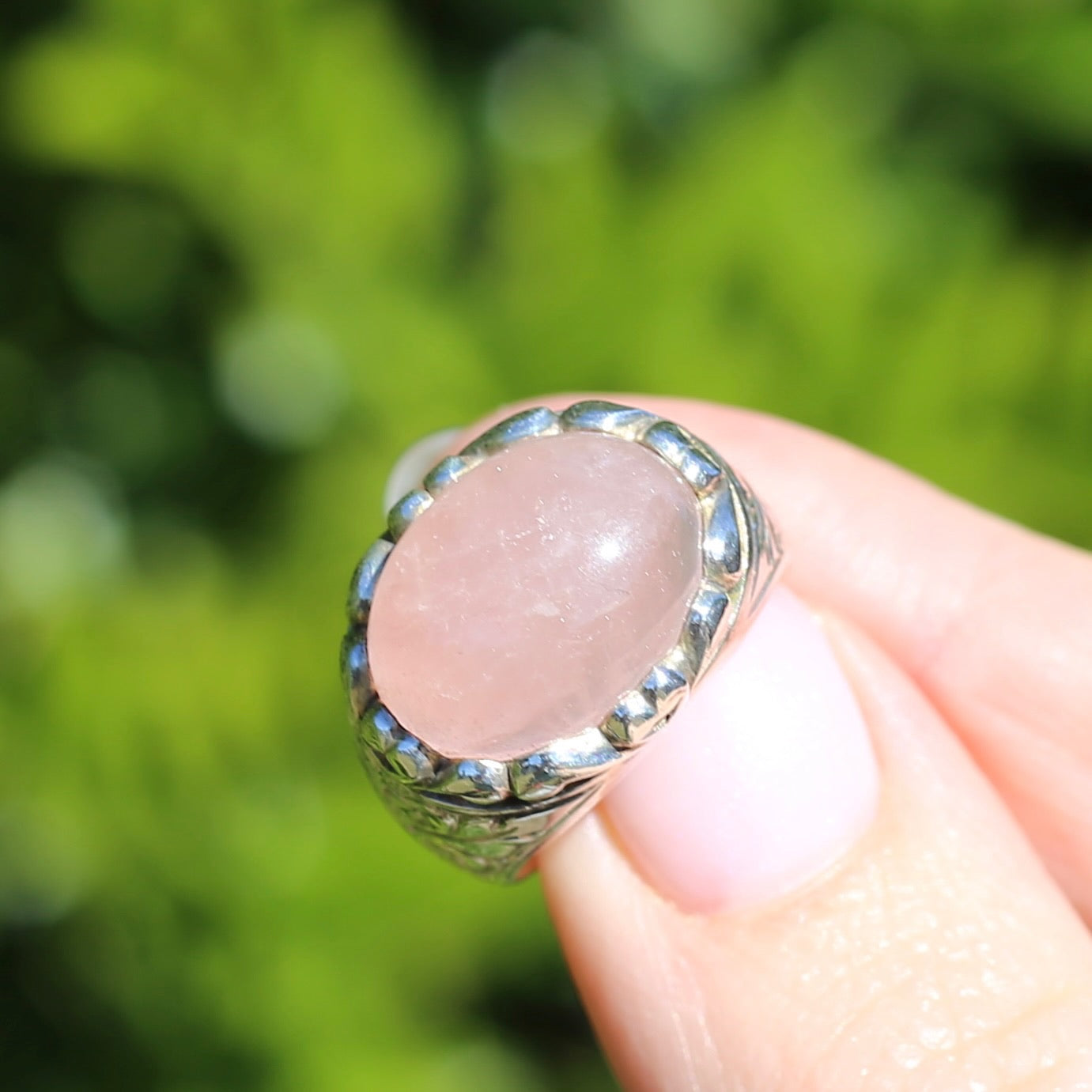 Rose Quartz Cabochon Ring, Sterling Silver, size O or 7.25