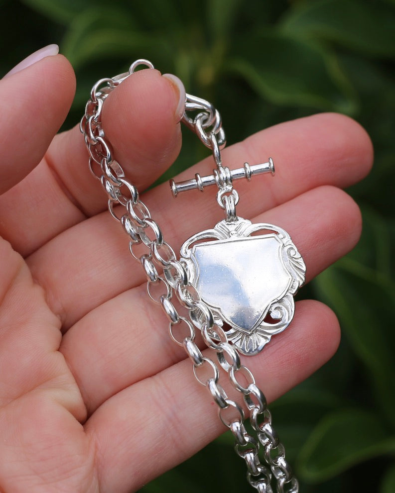Vintage (likely Australian) Belcher Chain With Double Swivel Albert Clasps, T-bar and Fob, Sterling Silver, 47cm or 18.5 inches, 22.9g