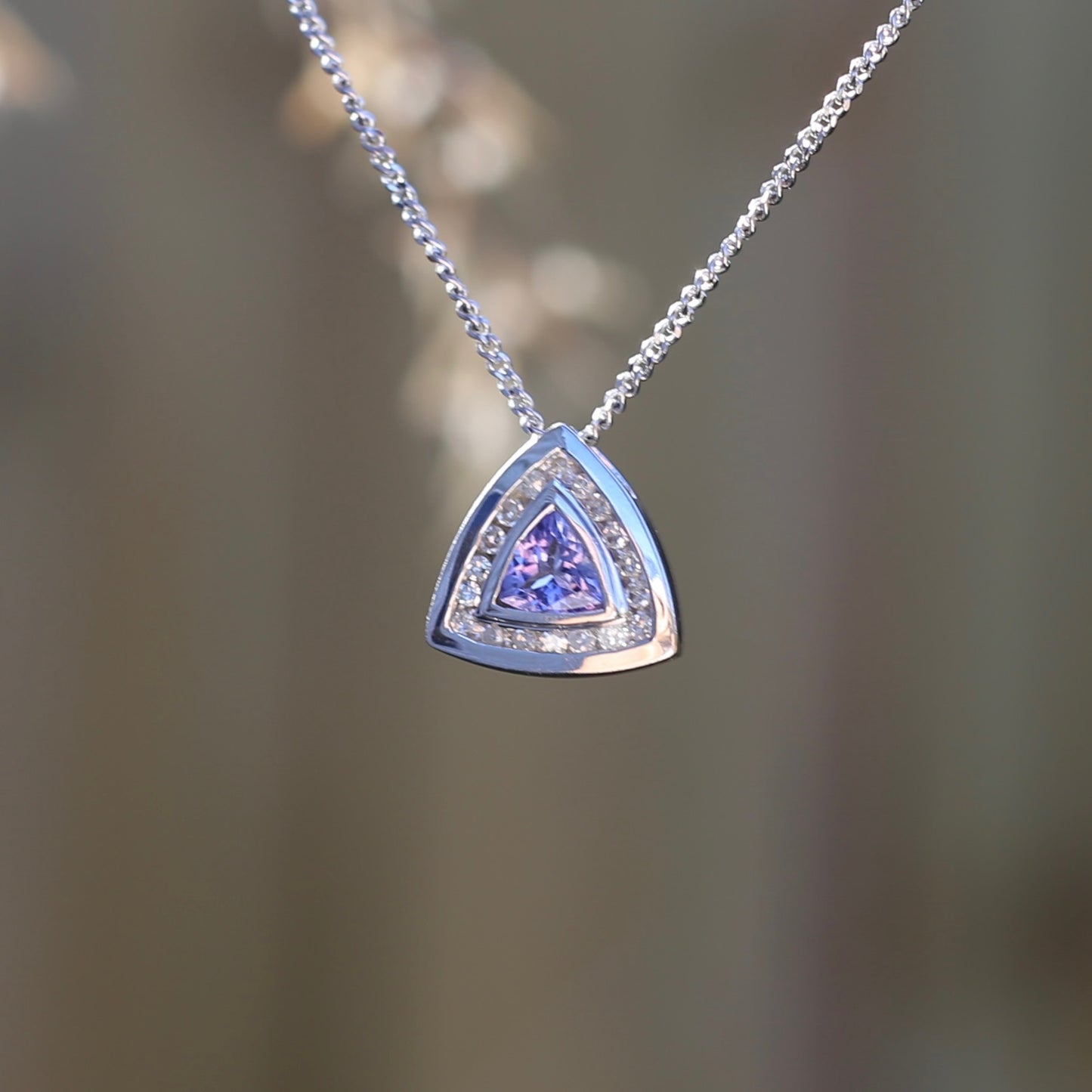 Trillion cut Tanzanite and Diamond Pendant, 14ct White Gold, with 9ct White Gold Chain