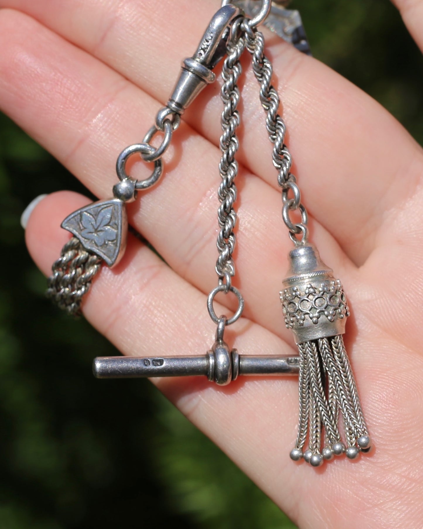 Amazing 1884 Silver Albertina with T-bar and Tassel, 19.5cm or just over 7.5 inches to jump ring, 20.4g