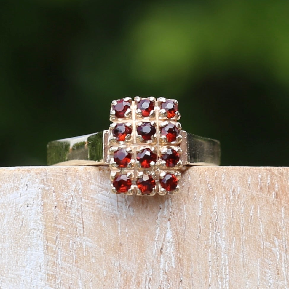 Old Cut 12 Stone Garnet Checkerboard Ring, size P or 7.75