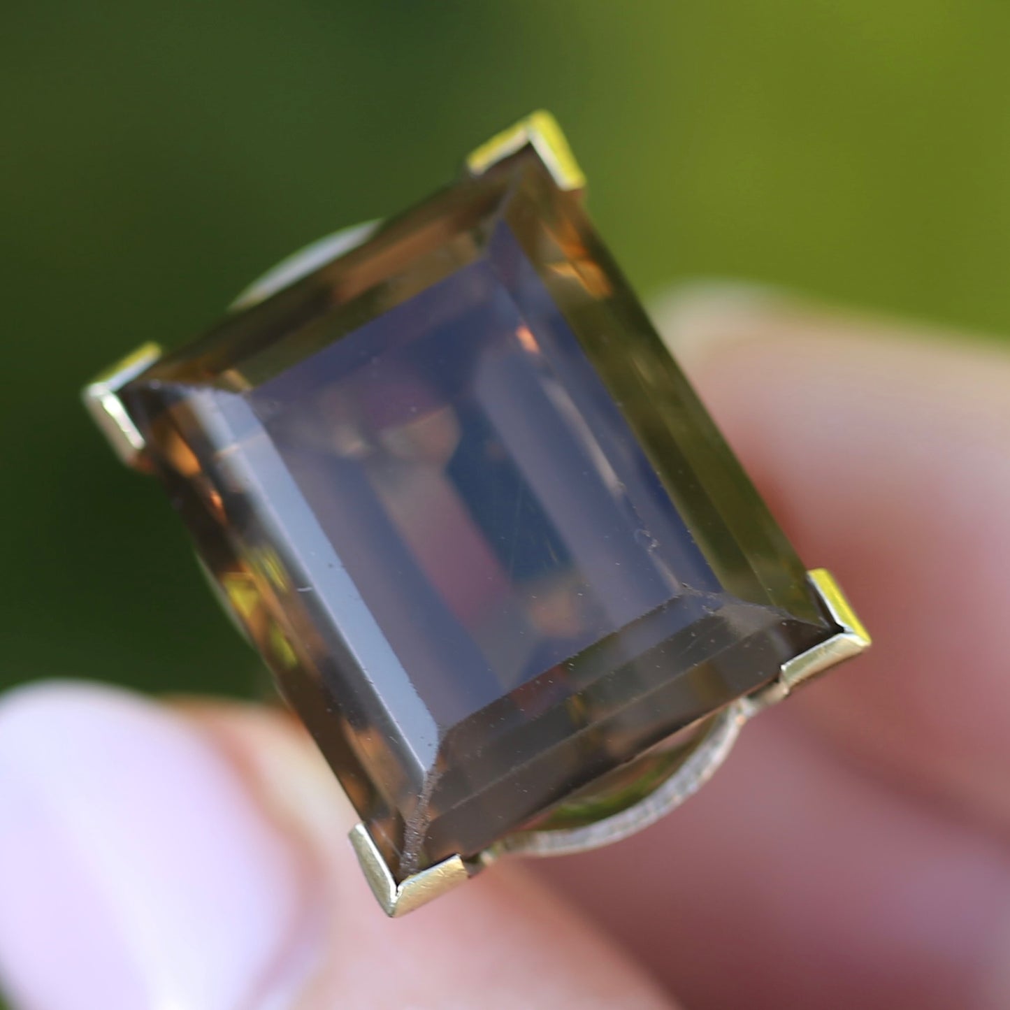 Mid Century 36ct Princess Cut Smoky Quartz Cocktail Ring, 9ct Yellow Gold, size N1/2 or 6.75