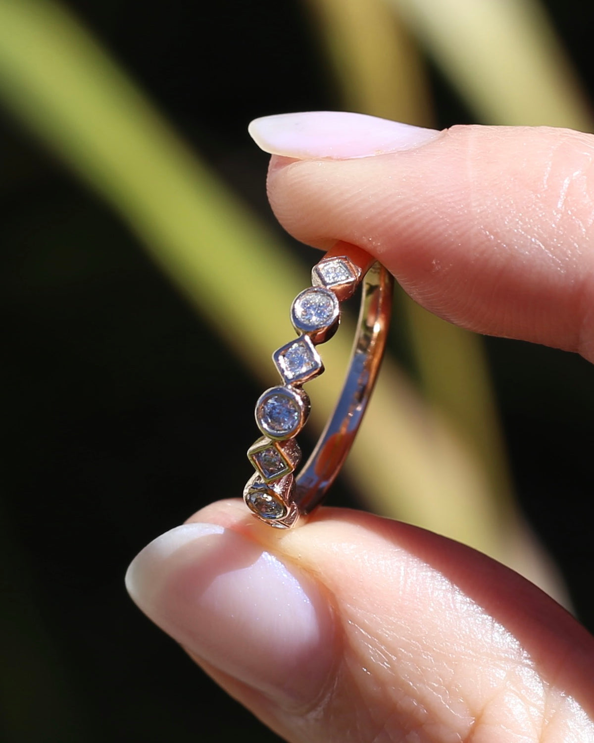 0.25ct 7 Stone Natural Diamond Bezel Set Round and Geometric Rose Gold Stacker, 10ct Rose Gold, size O or 7.25