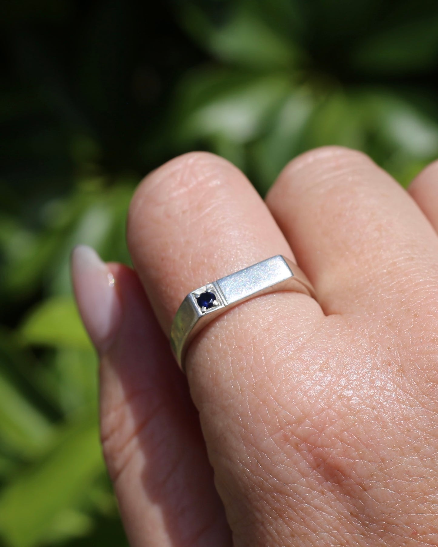 Narrow Silver Signet Ring with Sapphire, Sterling Silver, size 10.5 or V, 3.9g