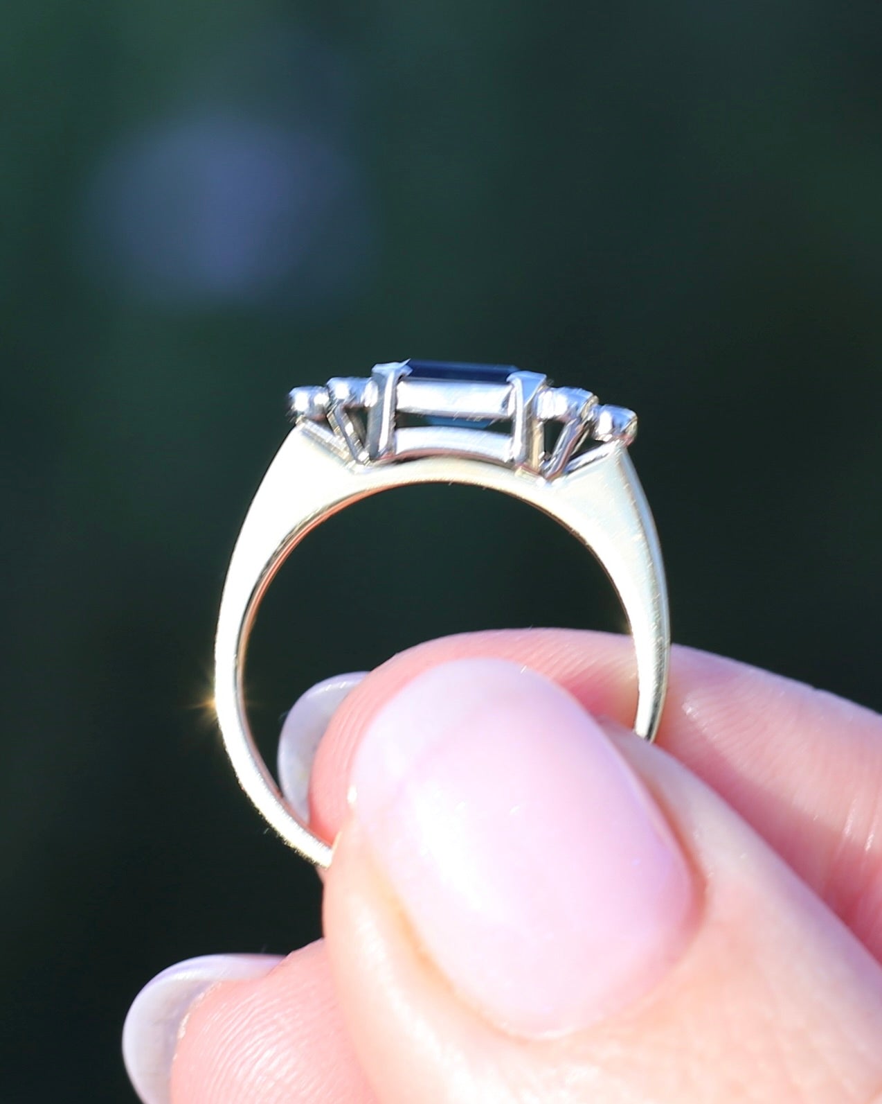 Vintage East West Set Natural Sapphire and Diamond Ring, 18ct Yellow and White Gold, size O or 7.25, 3.36g, with valuation